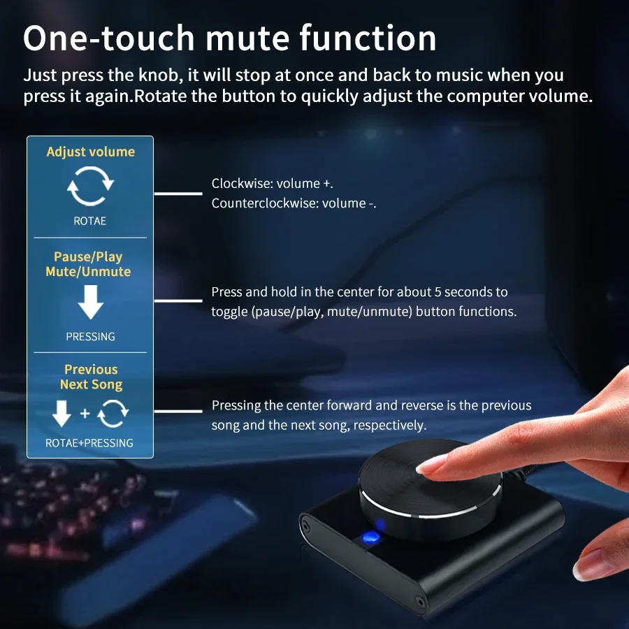 Perilla de Control de volumen USB, ajustador, controlador Multimedia, 1 tecla, función de pausa silenciosa para PC, compatible con Windows/Mac/IOS/Android