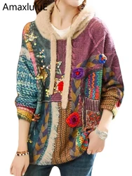 Amax luluE Winter Korean Women Luxury Hooded Printed Sequins Knitted Sweaters Female Fashion Loose Pullover Warm Leisure Jumpers