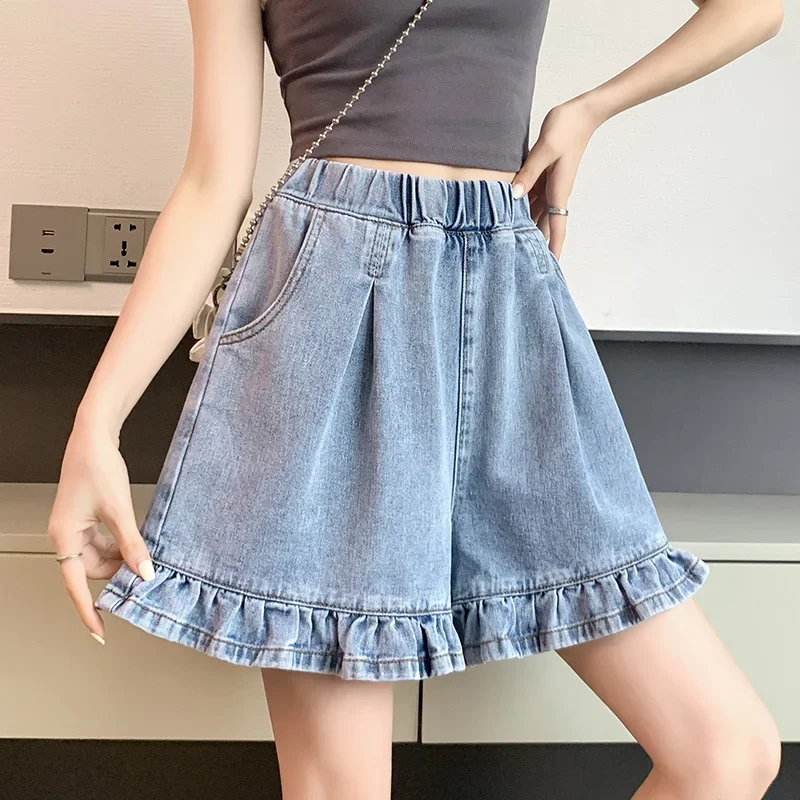 

Plus Size Denim Shorts Women Clothing Trends Ruffle Stretch High Waist Baggy Jeans Short Pants Summer Korean Fashion Blue New