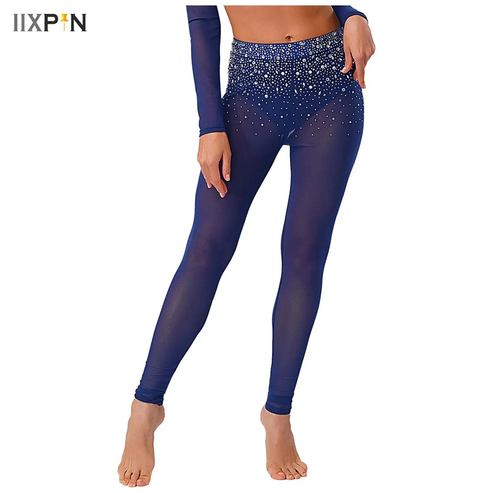 

Womens Gymnastics Ballet Workout Dance Pants Glittery Rhinestone High Waist Built-in Briefs Sheer Mesh Leggings Tights Trousers