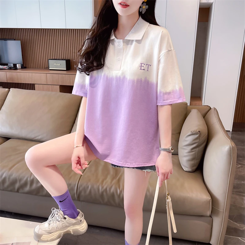 Summer New Mid length Mid sleeved Versatile POLO Collar Gradient Printed Short sleeved T-shirt for Women