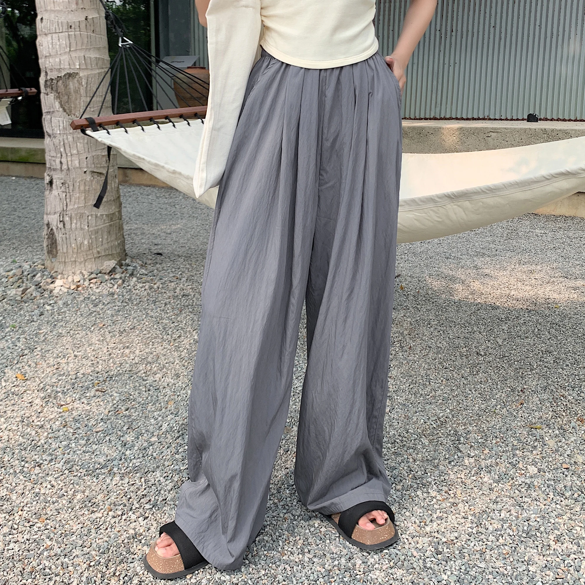 Seoulish Ice Silk Pleated Women's Trousers Summer High Waist Draping Casual Loose Full Length Wide Leg Pants Female 2024 New