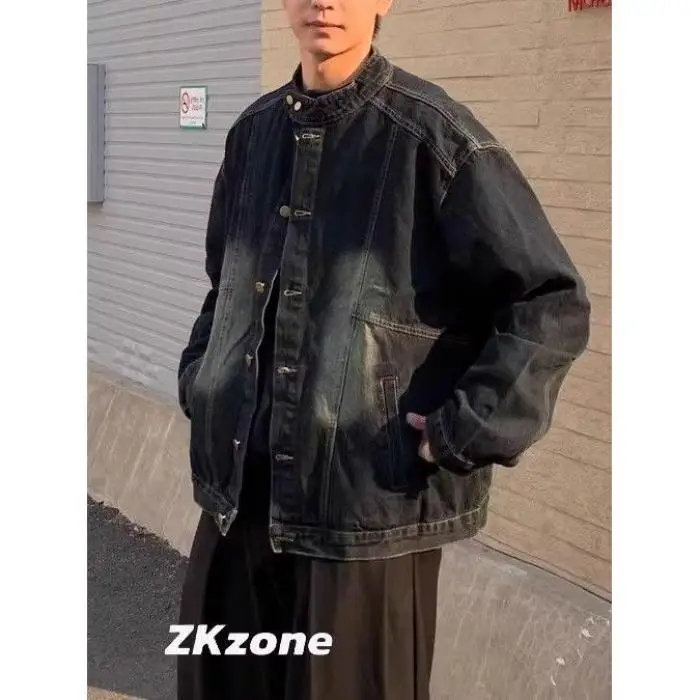

Retro American Waed Heavyweight Denim Jaet Loose Casual Streetwear Spring for Men Stand Collar Jeans Coat Trendy Outerwear