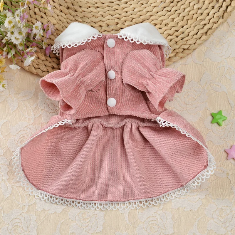 Elegant Princess Dress Dog Clothes Pearl Button Small Dogs Clothing Puppy Cat Dog Party Dress Up Winter Warm Pet Skirt Apparels