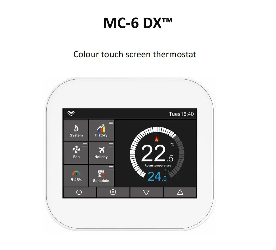 MC6-DX Smart WiFi Capacitive Touch Screen Thermostat  HVAC Smart APP Control Humidity Monitor Multi-Mode Heat/Cool/Dehumid/Vent