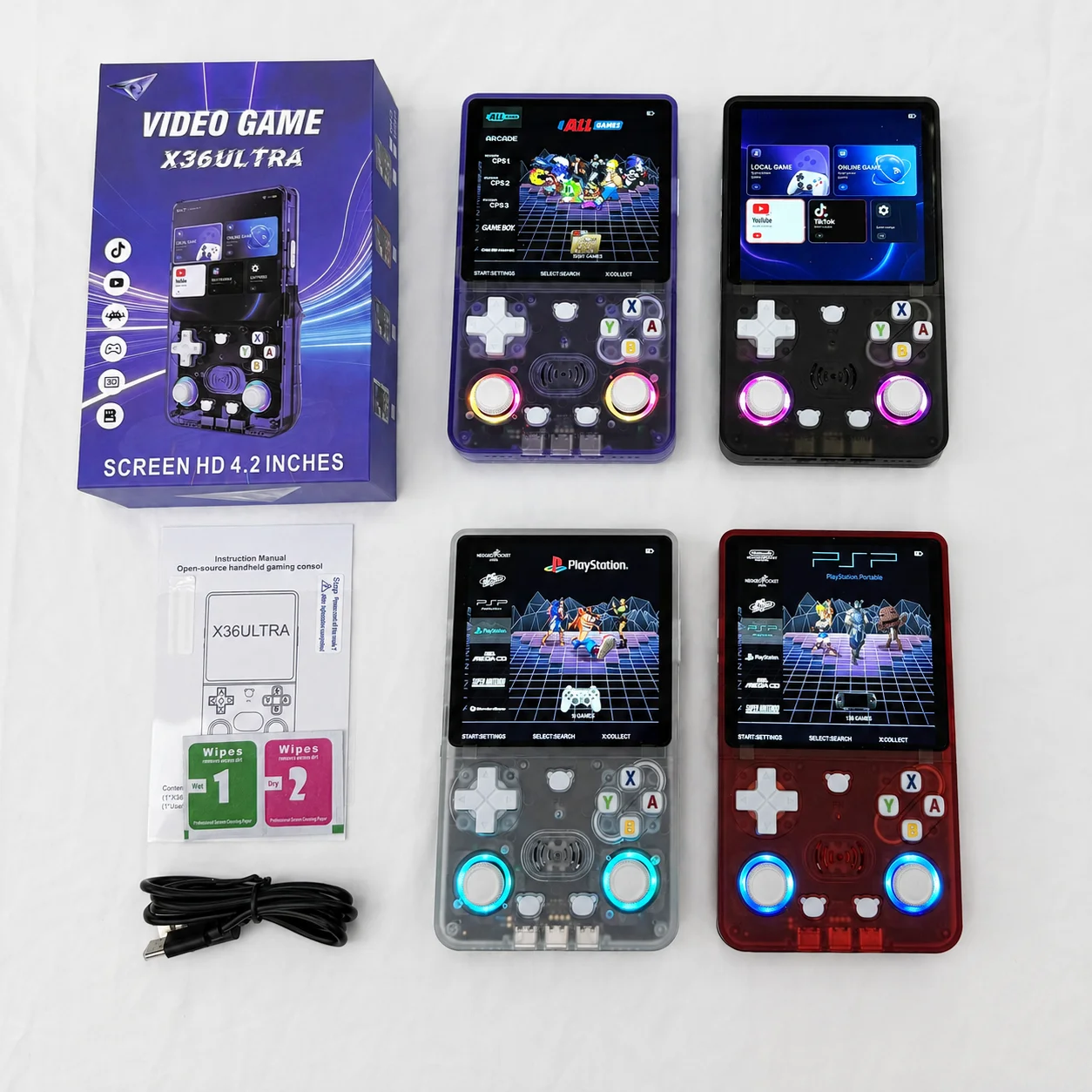 X36Ultra Dual System4.2Inch Full Lamination IPS Handheld Game Console Plug and Play Built-in20000+Classic Games No Need Download