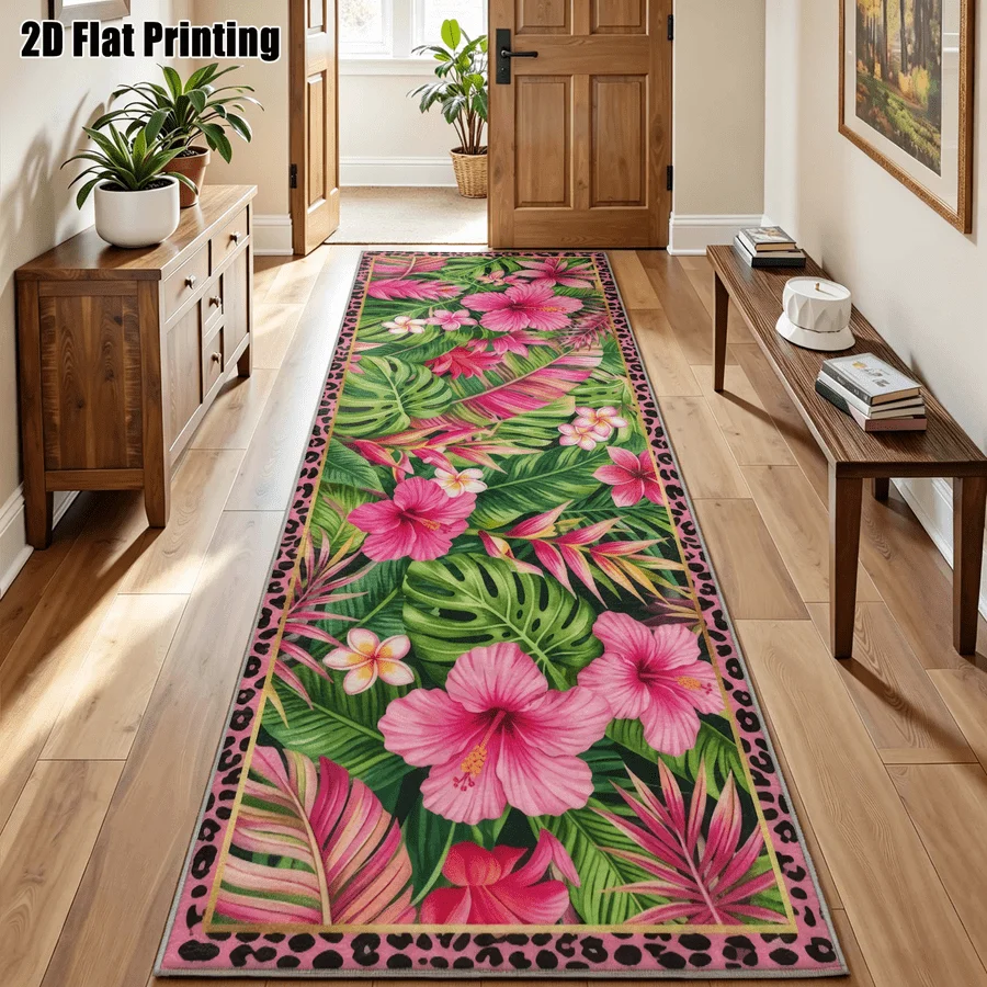 1Pc American Retro Plant Pattern Printed Long Carpet, Bohemian Style Carpet, Suitable for Bedroom, Living Room, Entrance, Bathroom, Bedside, Home Decoration