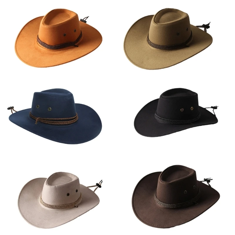 Fashion Cowboy Hat with Windproof Rope Wide Brim Western Cowgirl Hat for Unisex