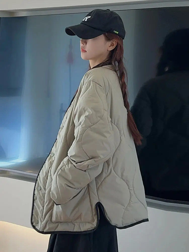 Atasan parka Wanita Korea leher O, mantel parka longgar berlapis, lengan panjang Single Breasted kasual sederhana parka 2024