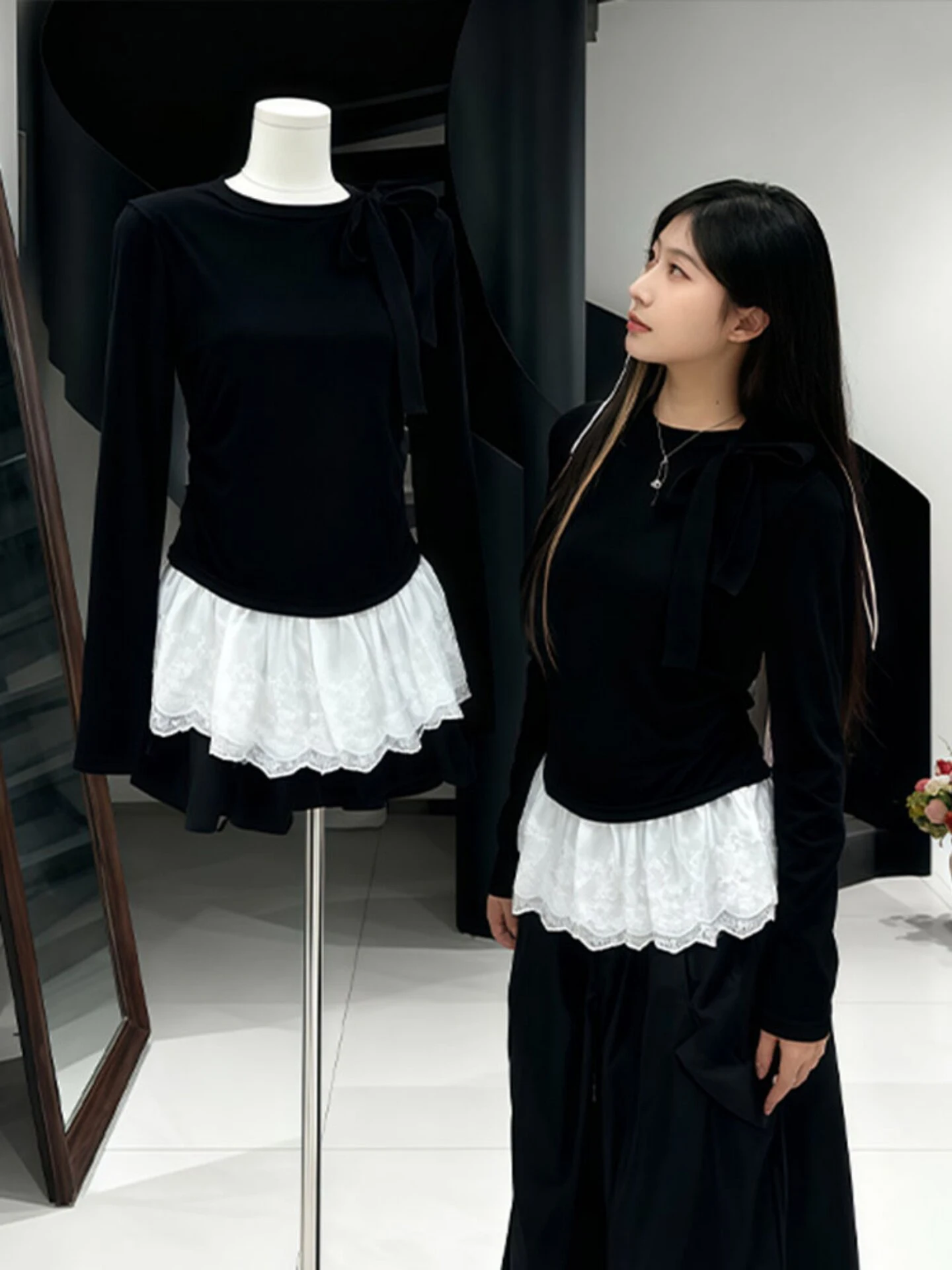 Koreanisches Sle Long Sve T-Shirt Damen Slim Fit Inner Wear Base Irt Boting Top Weißes Spitzensaum-Design Lässige Alltagskleidung