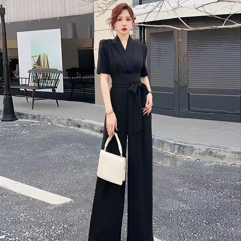 

Summer New Women Jumpsuit High Waist Slimming Wide Leg Drape Solid Color Tie Belt Elegant Premium Style