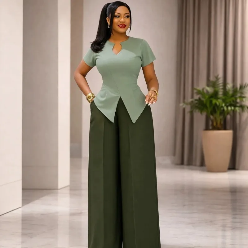 Damen Sommer 2-Teiliges Büro-Outfit, V-Ausschnitt, Kurzarm, Figurbetontes Peplum-Oberteil, Weite Hose, Elegantes Passendes Co-Ord-Set
