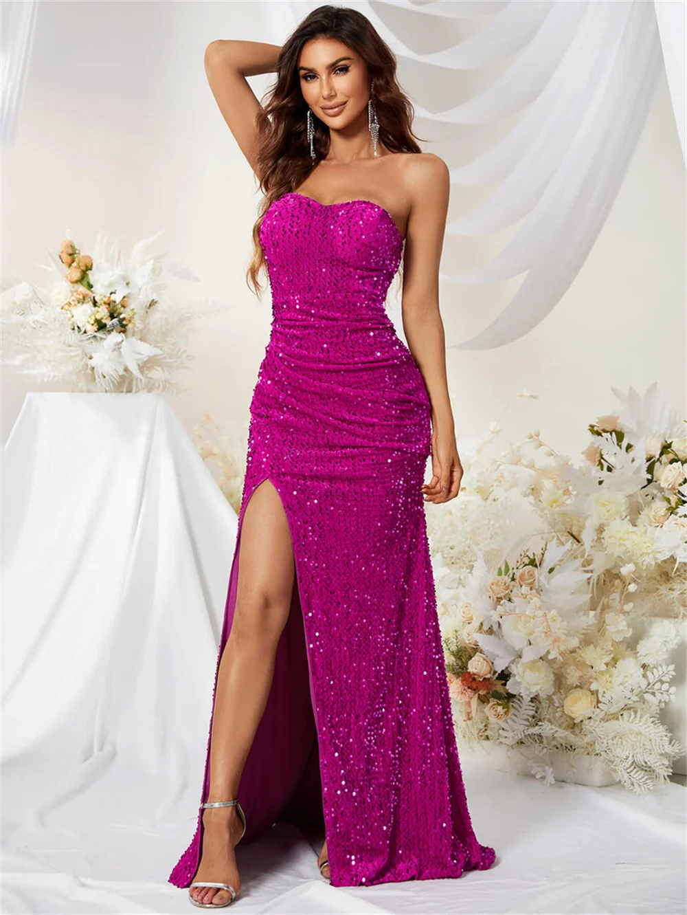 

Sexy Sweetheart Sequins Mermaid Prom Dresses With Split Sleeveless Backless Evening Gowns Sparkly Corset Long Formal Ball Gowns