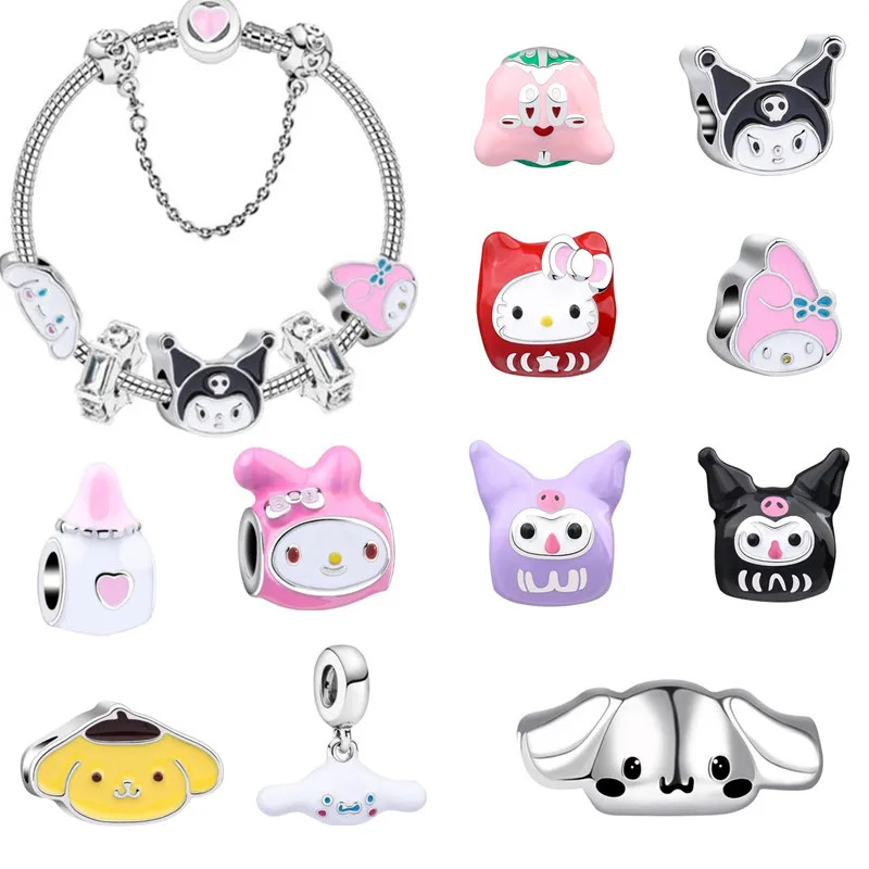 Sanrio pulsera de moda para mujer, joyería de la serie Hello Kitty Kuromi, pulsera con cuentas Pandora, colgante, regalos de cumpleaños para niñas