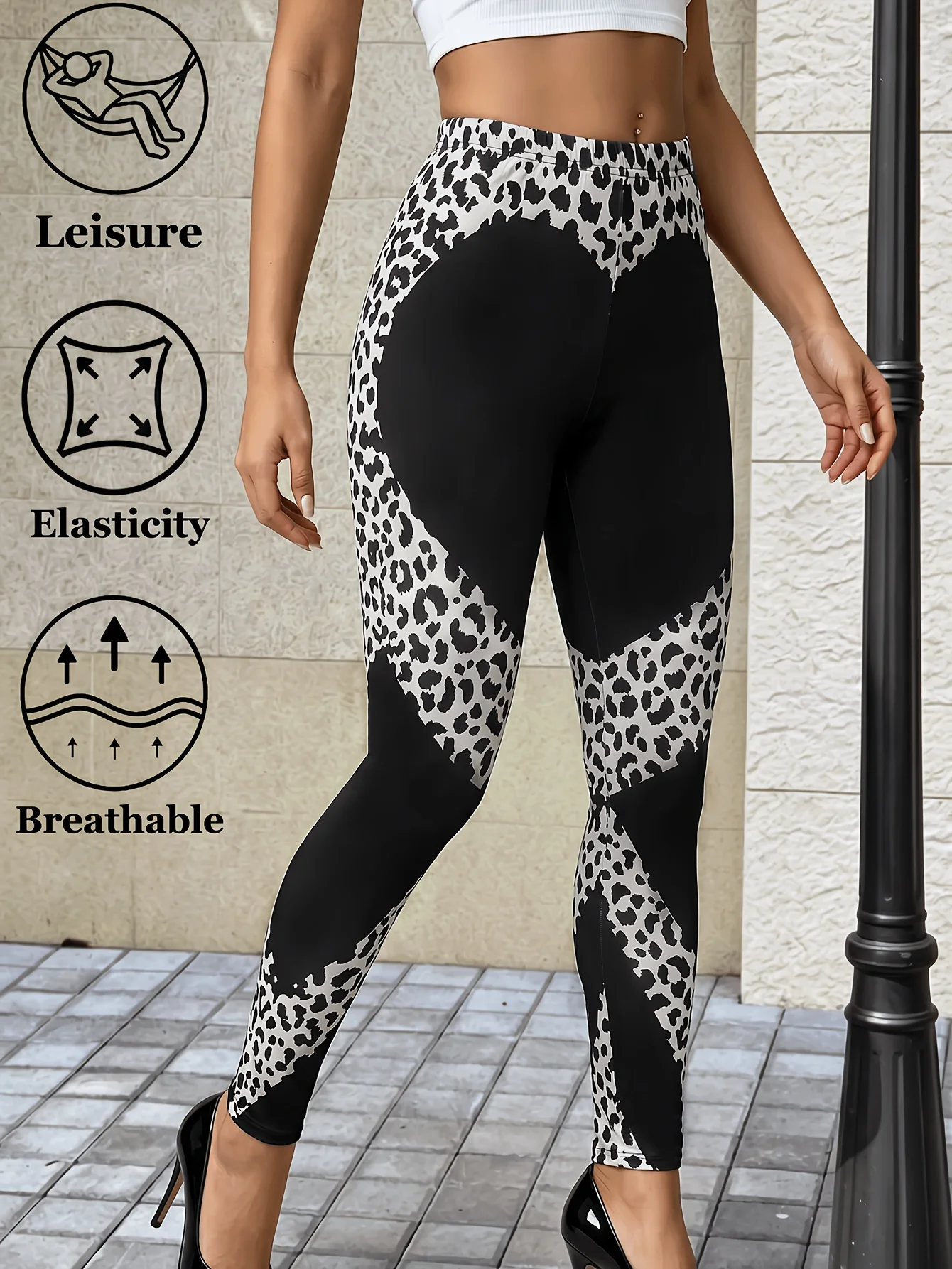 Women Purple Leopard Heart Spliced Print Fleece Lined Leggings Mid Waist Stretch Yoga Sports Pants