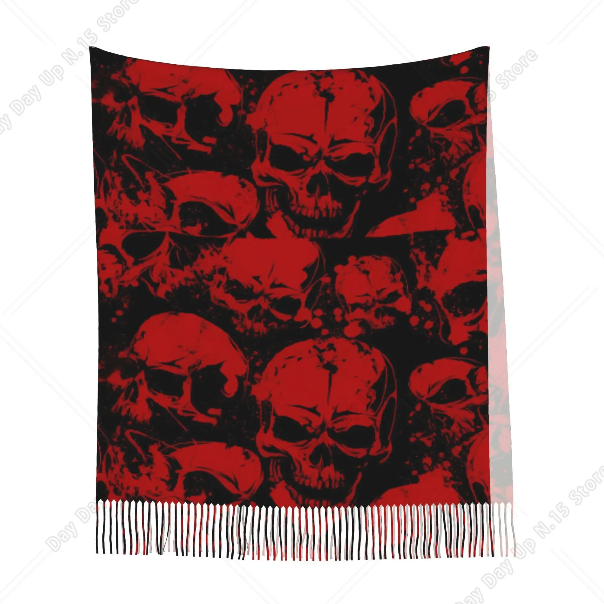 Gothic Punk Red Skull Splatter Printed Black Shawl Fringed Scarf Halloween Dark Style Women Wrap
