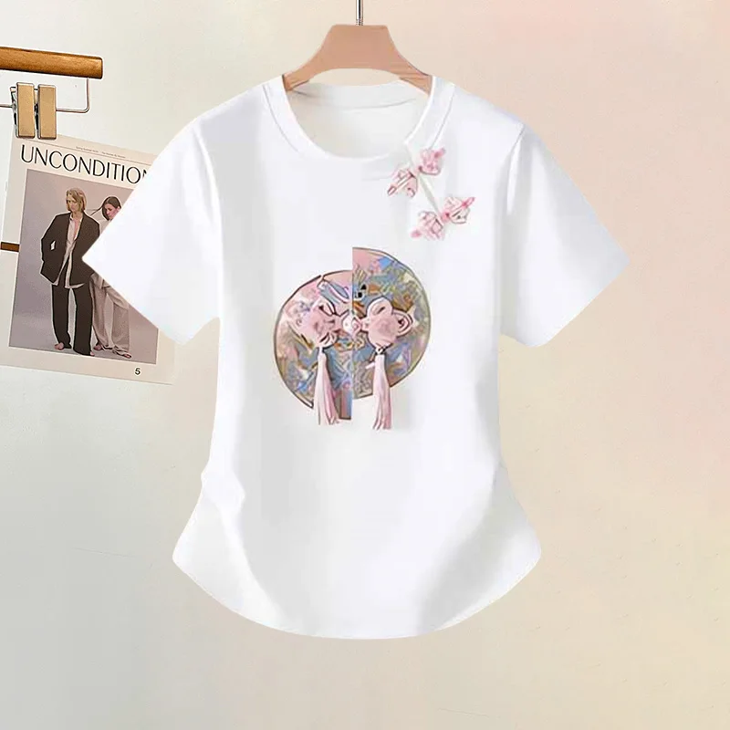 

Faionable Pure Cotton ort Sve irt Pearl Button Traditional Chinese Sle Slimming Top Summer New Arrival Women's T-s...