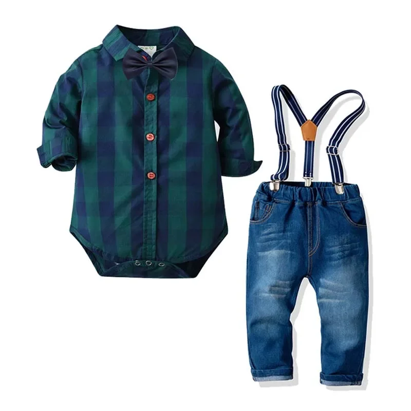 

Baby Boy Gentleman Suit Shirt Romper With Bow Tie + Suspenders Jeans 3Pcs Formal Kids Clothes Set little Boy Handsome Clothing