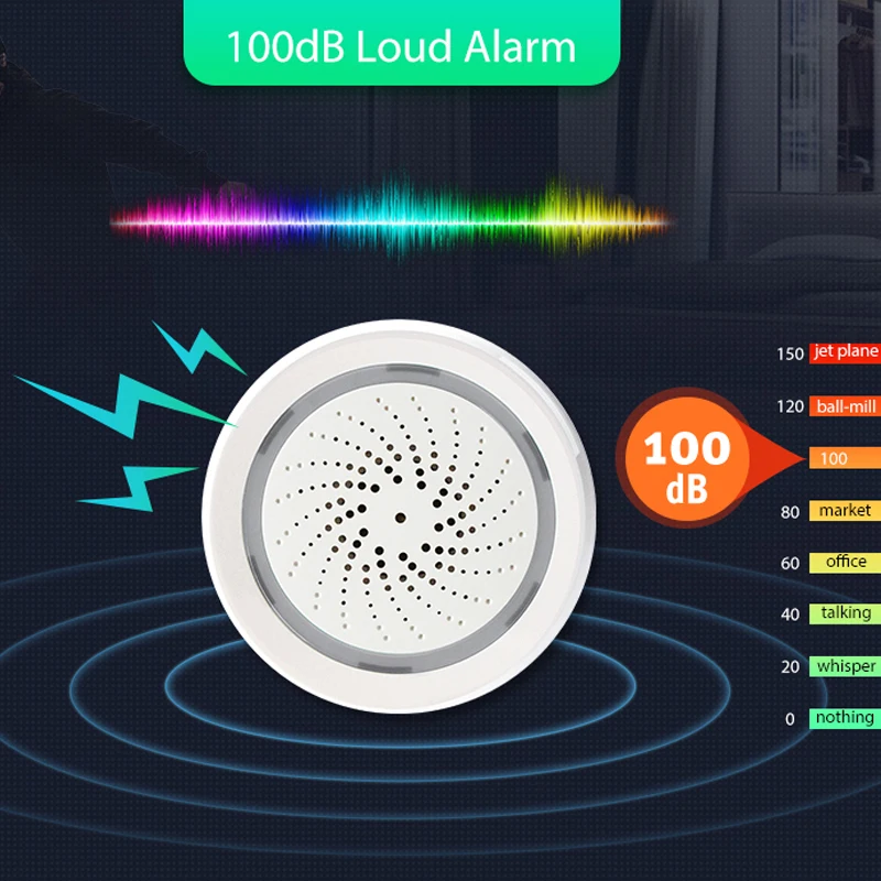 Vida inteligente sirene alarme 100db alto-falante com temperatura e umidade sensor luz estroboscópica alerta para sistema de segurança de automação residencial