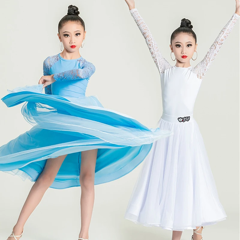 Fashion Lace Sleeved Latin Dance Dress Girls Waltz Ballroom Dance Performance Dresses Kids Samba Tango Dancing Costumes XS7609