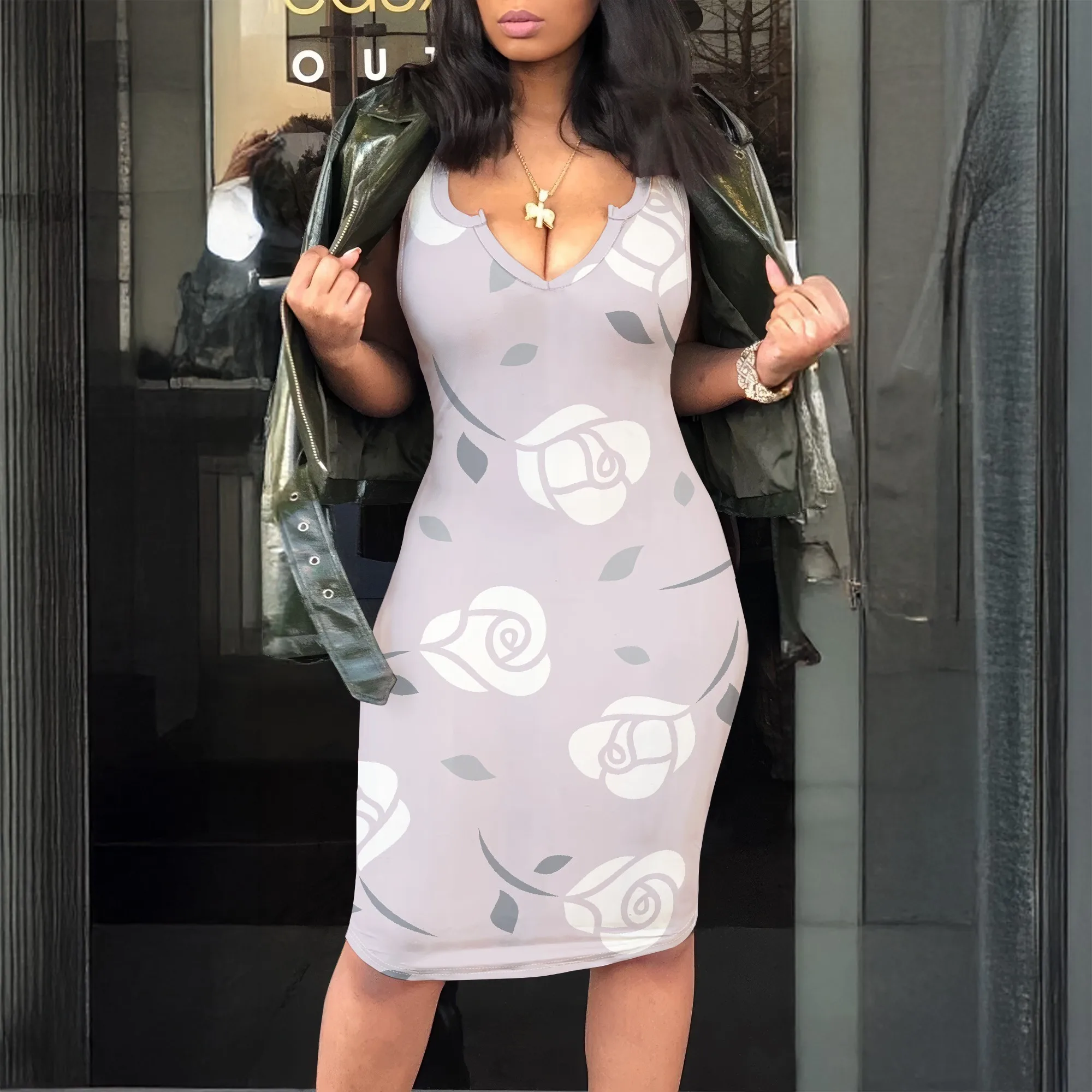 

Sleeveless Floral Dress, Rose Print Bodycon, V-Neck Midi Gown, Summer Party Wear, Casual Beach Outfit, Size S-2XL