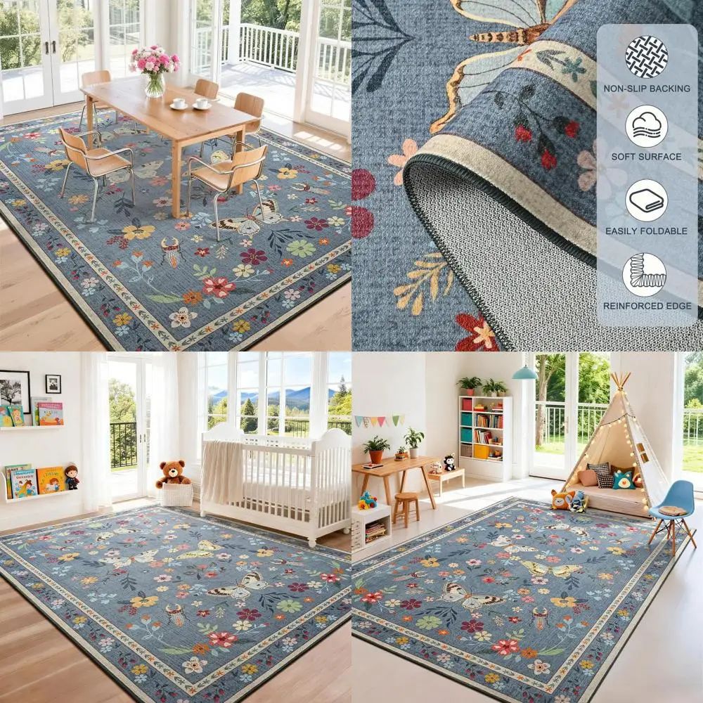 

Коврик 5x7 с синим цветочным принтом, моющийся, с низким ворсом, нескользящий, подходит для гостиной, спальни, столовой и домашнего декора