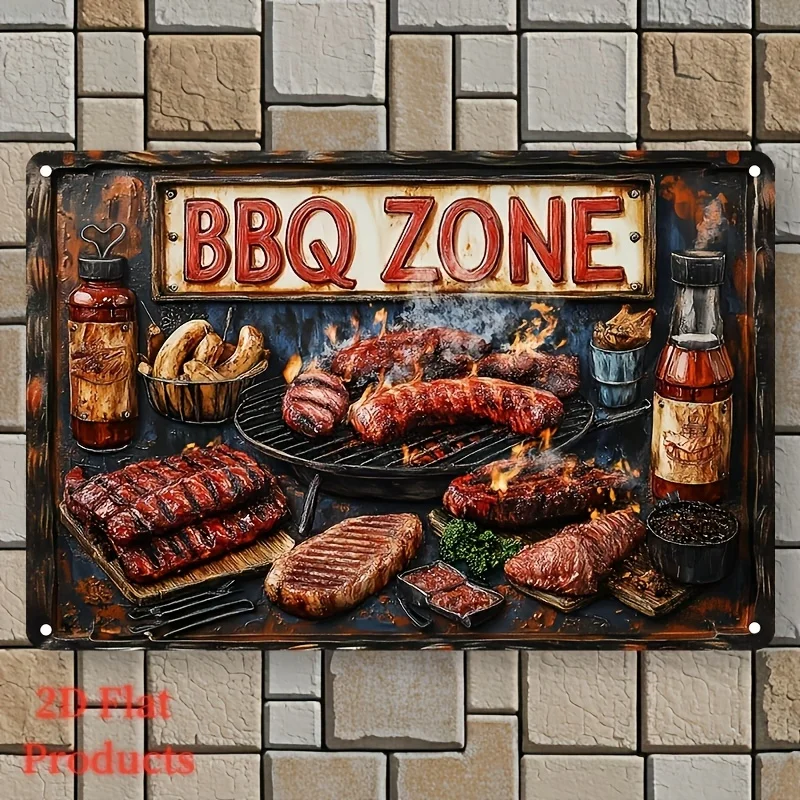 2D Vintage Metal Sign, BBQ Zone Aluminum Wall Art, Grilled Meat & Spices Design, Rustic Decor for Indoor Outdoor, Pre-Drilled Ho
