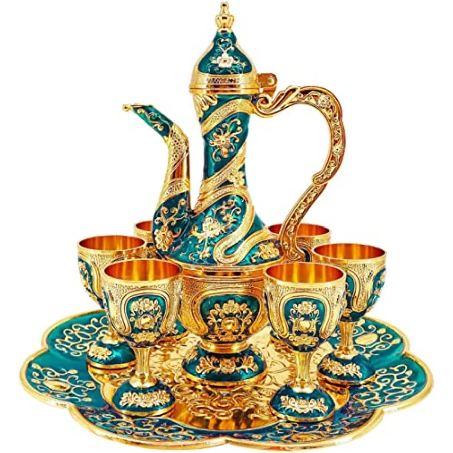 

Vintage Turkish Coffee Pot and Cups Set, Tea Service Set Including Teapot, Tea Tray and Metal Cups for Wine Cabinet Decor, Wedd