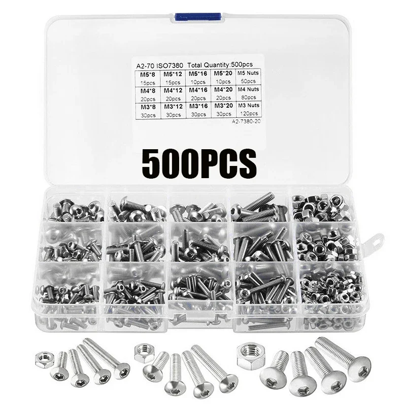 500/440 PCS Sechskant-Innensechskantschrauben-Set aus Edelstahl M2, M3, M4, M5, flache Rundkopfschrauben, Bolzen und Muttern, Inbusschrauben-Set