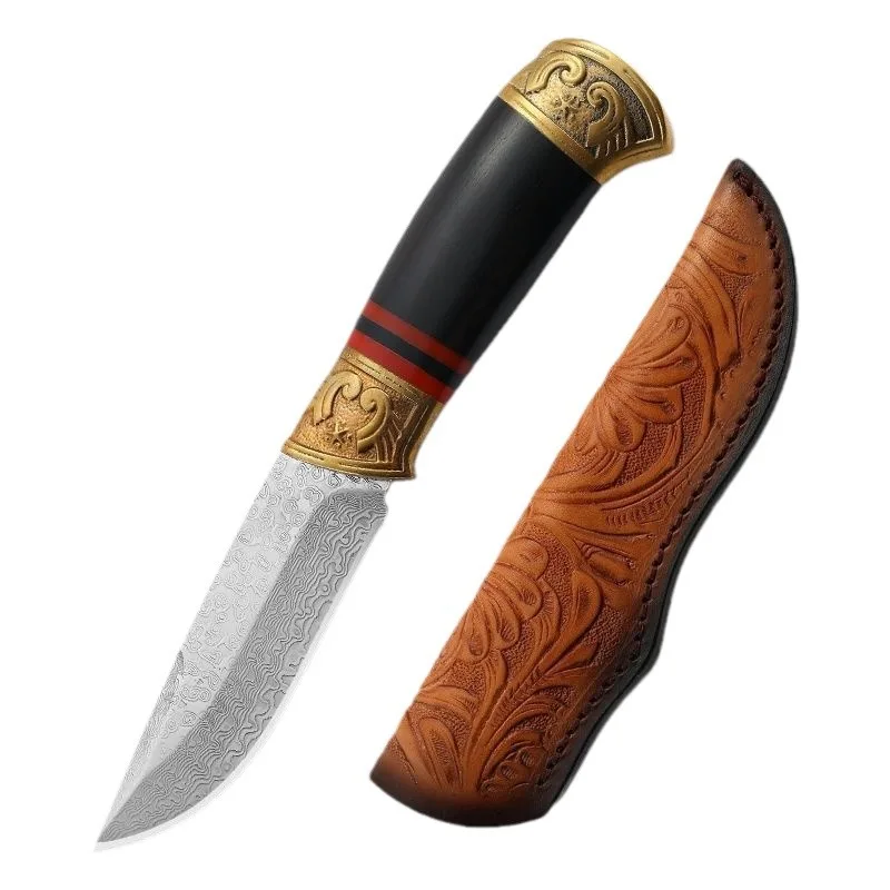 8.5-inch Damascus Steel Outdoor Survival Knife EDC Portable Camping Kitchen Knife Military Tactical Knives for Self Defense BBQ