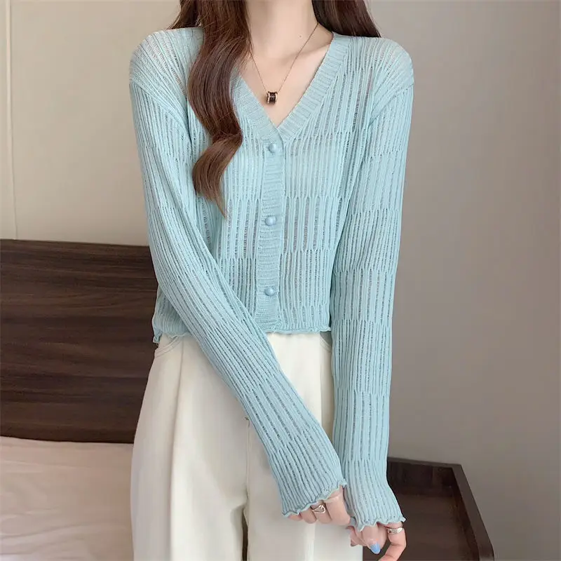 Hollowing out Women\'s cardigan knitted sweater Button Loose fitting top coat Youth Elegant High quality knitwear black