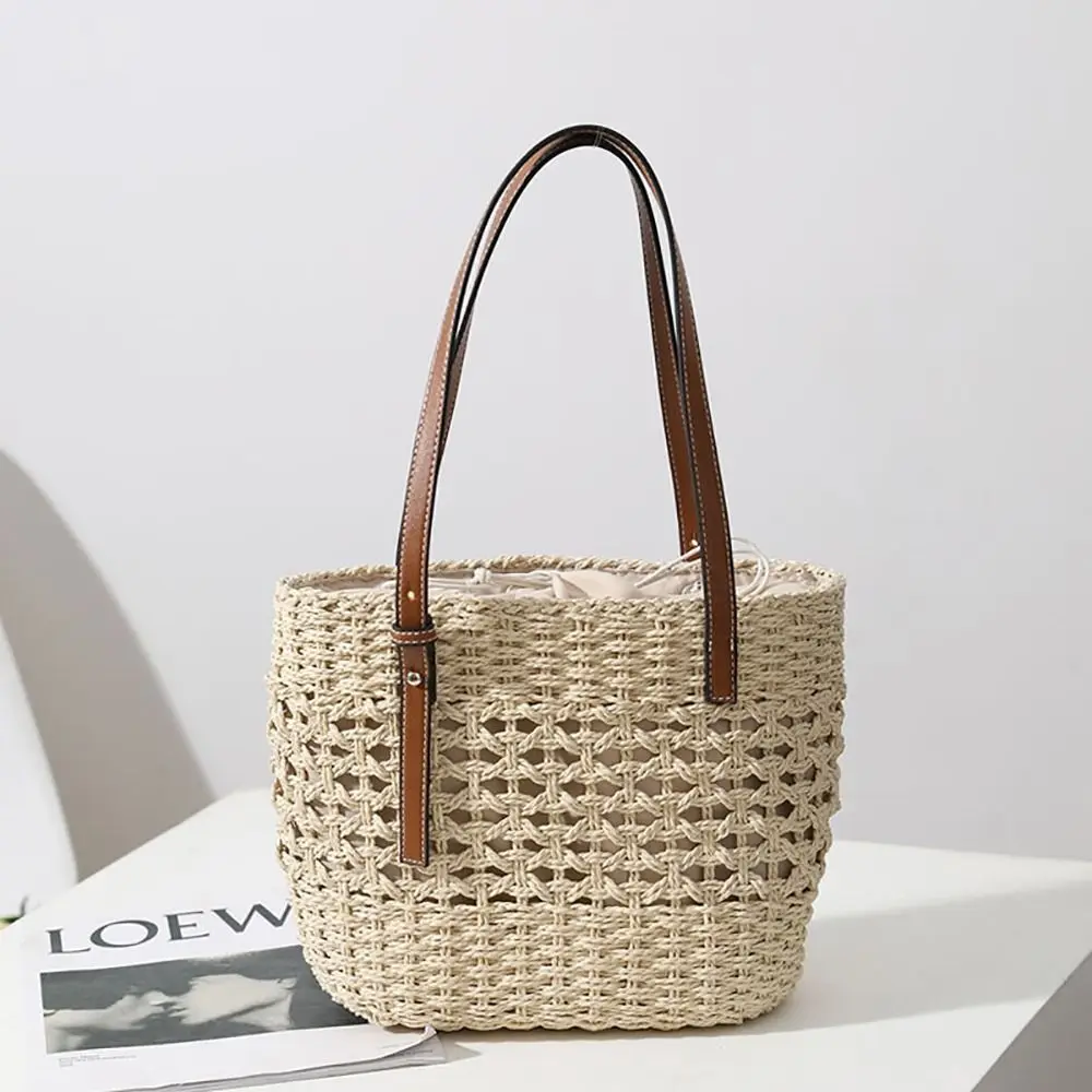 

Fashion Large Capacity Beach Tote Straw Bag Simple with 2 Straps Single Shoulder Bag Hollow Design Woven Bag Leisure