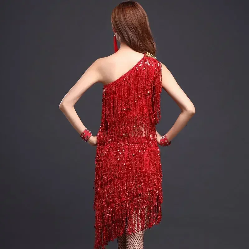 

Adult Latin dance costumes shoulder female Latin dance costume Latin dance competition clothing sequined fringed skirt