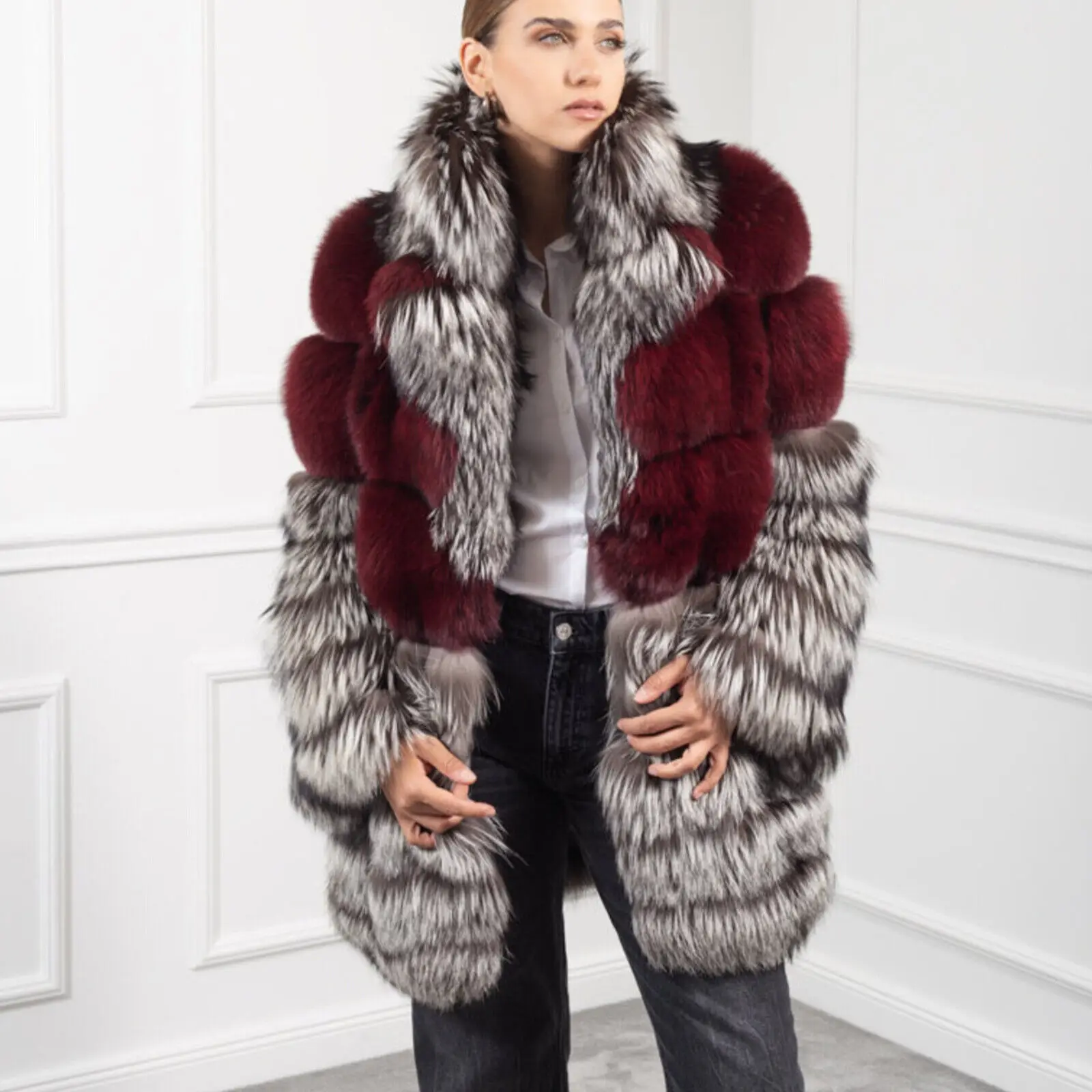 New Fashion Women Real Fox Fur Overcoat Lapel Collar Jackets Luxury Winter Warm Genuine Fur Outwear Female Elegant Fur Overcoat