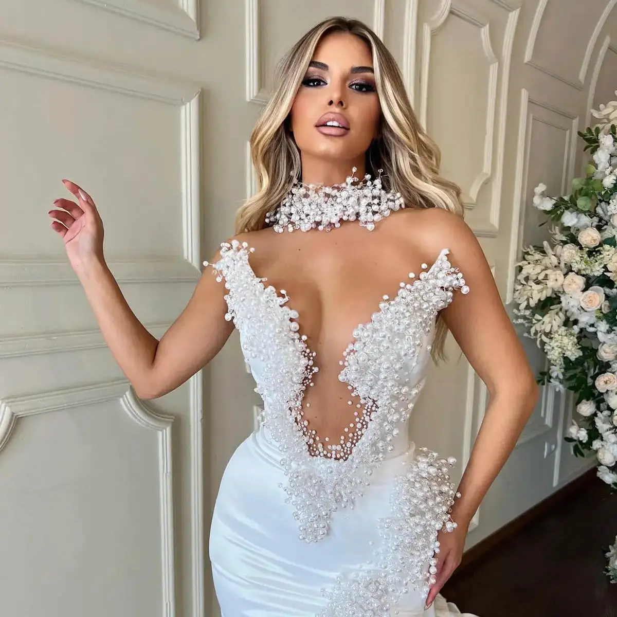 

Sexy Mermaid Wedding Dresses Shiny Pearl Beading Lace Side Slit Beads Prom Dresses Party Special Occasion Gowns Customized