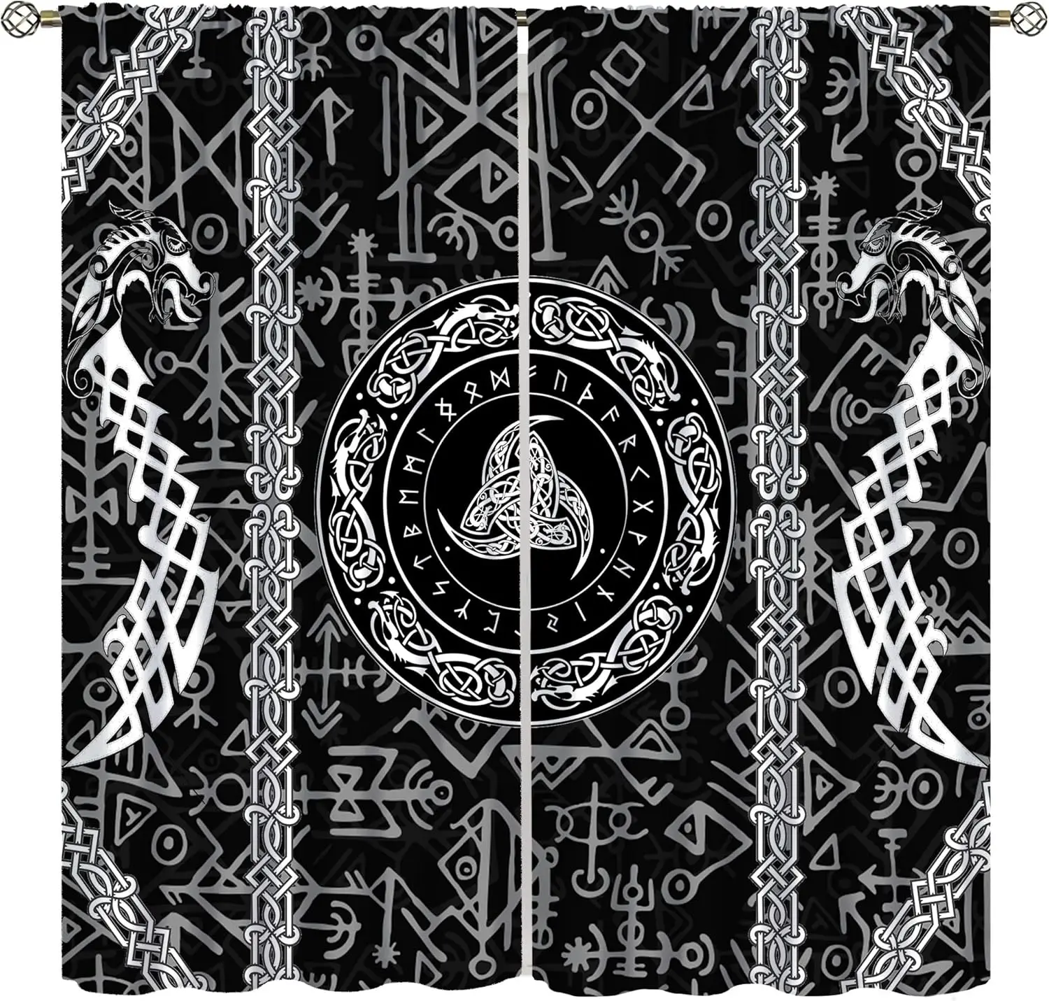 Mystical Gothic Celtic Knot Curtains Black Window Drapery Polyester Runes Occult Pagan Witchy Boho Home Decor Style