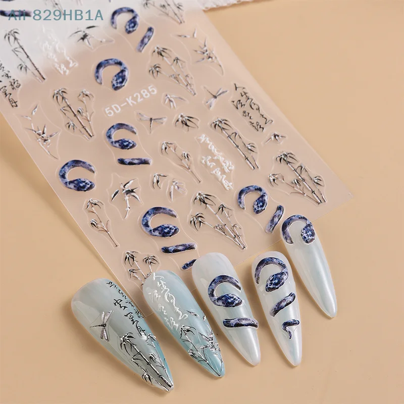 5D Dragon Nail Stickers Chinese Characters New Year Nail Decals Bamboo Leaf Sliders Snake Nail Charms Gothic Manicure Deco