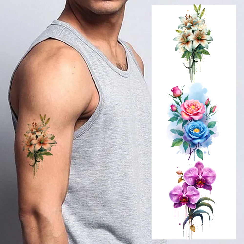 

9pcs Temporary Tattoo Palm Tree Watercolor Daisy Tulip Waterproof Long-lasting Body Stickers Cherry Blossom For Arms