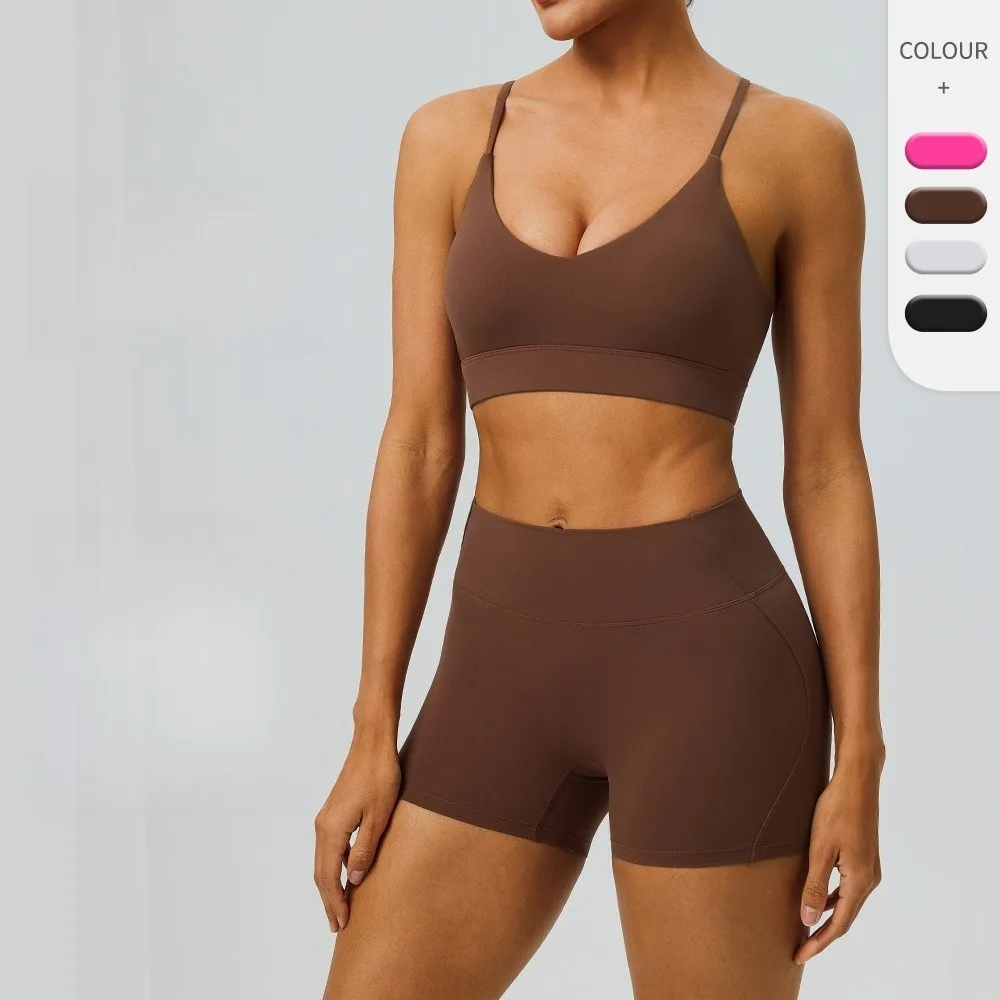2Pcs Sports Fitness Outfit Thin Strap Yoga Top and High Waist Shorts Elastic Quick Dry Breathable Running Training Suit