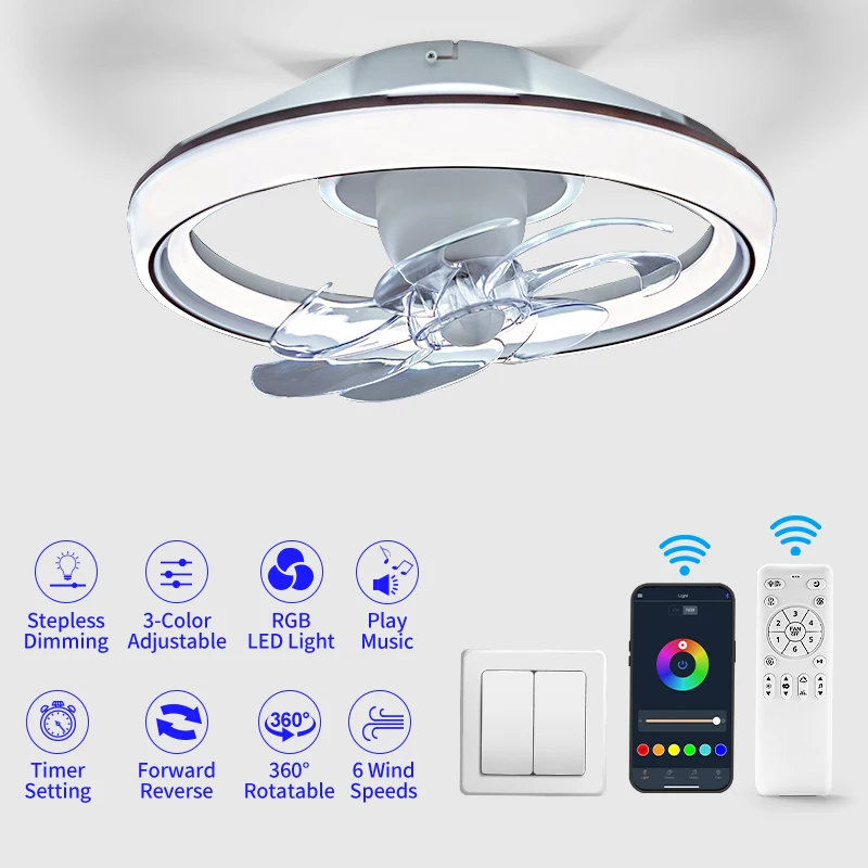Ceiling LED Light Fan with Speaker Six-Speed Ceiling Fan RGB Remote APP Control Dimmable 360° Rotating Head Restaurant Light