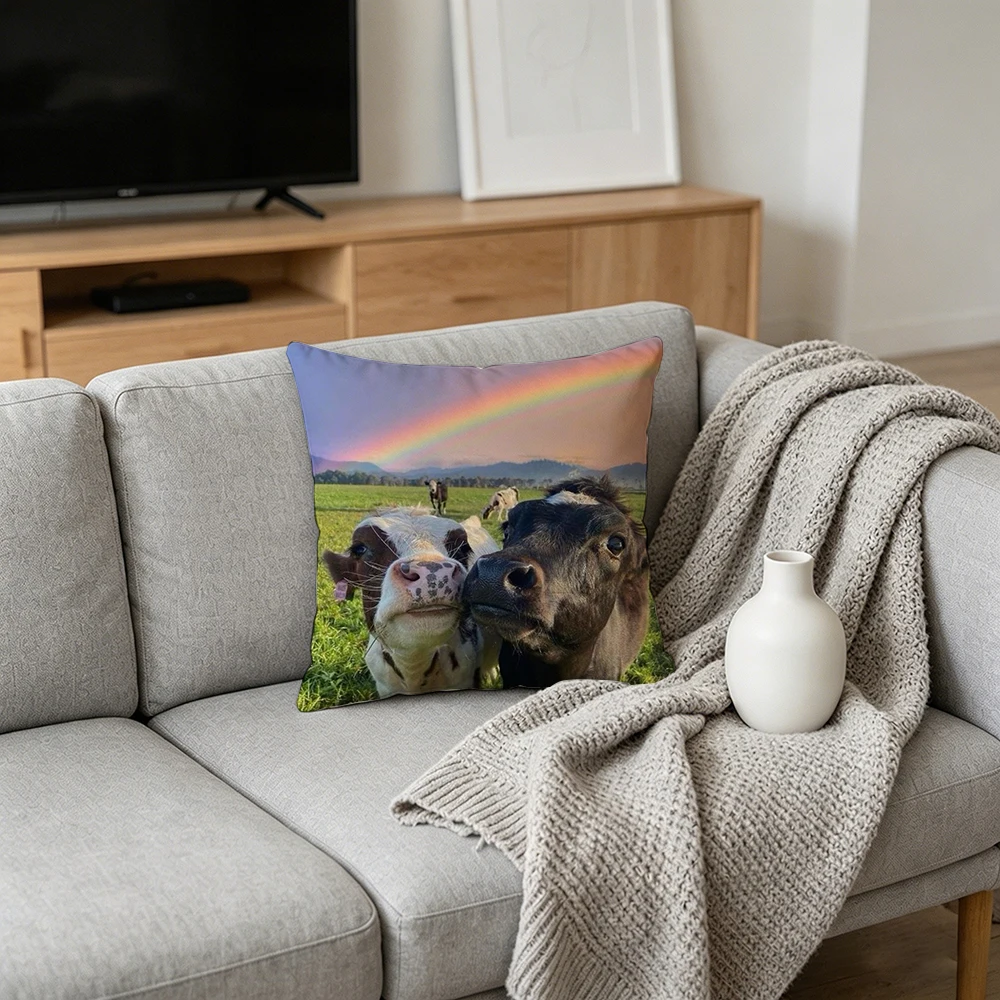 1 piece, multicolor, Meadow Twin Calves Rainbow Landscape Pattern, Realistic Pastoral Style, 2D Printed Pillow Cover