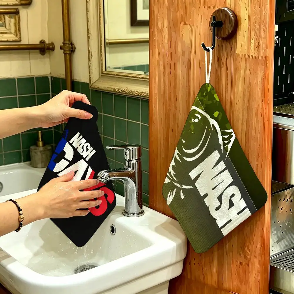 Nash Fishing Logo Thickened Polyester Cotton Hanging Towel, High Absorbent Hand Wiping Towel For Indoor Use