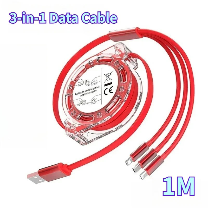 3-in-1 Extendable Data Cable, Transparent Shell, Portable Storage, Compatible with Android and Apple Phone Charging Cables