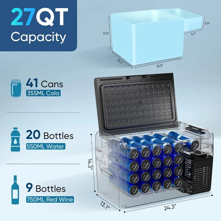 12 Volt Refrigerator - 27QT 25L Portable Refrigerator 50Hours Still Keep Cool Electric Cooler APP Control -468 Car Refrigerator