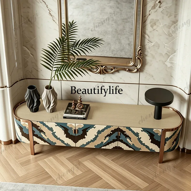 Italian light luxury TV cabinet art painting color matching silver pear wood decorative cabinet villa living room