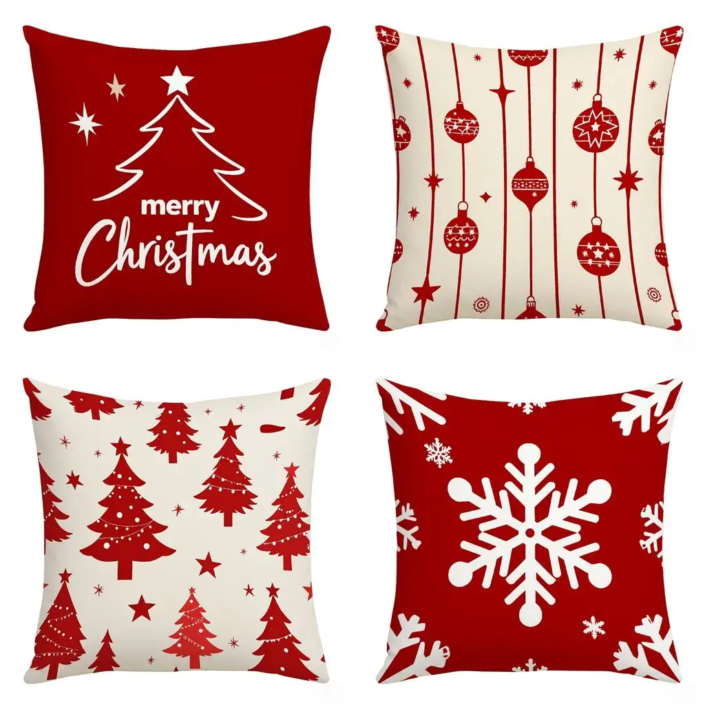 4pcs Polyester Christmas-Patterned Throw Pillows: Merry Christmas Tree, Ornament Prints, Snowflake Designs