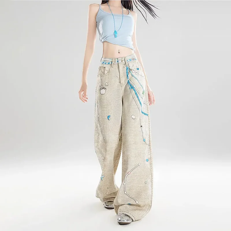 

Vintage Jeans Women's Spring Summer New Blast Street Chain Lace Printed Design High Waist Loose Slimming Denim Wide Leg Pants