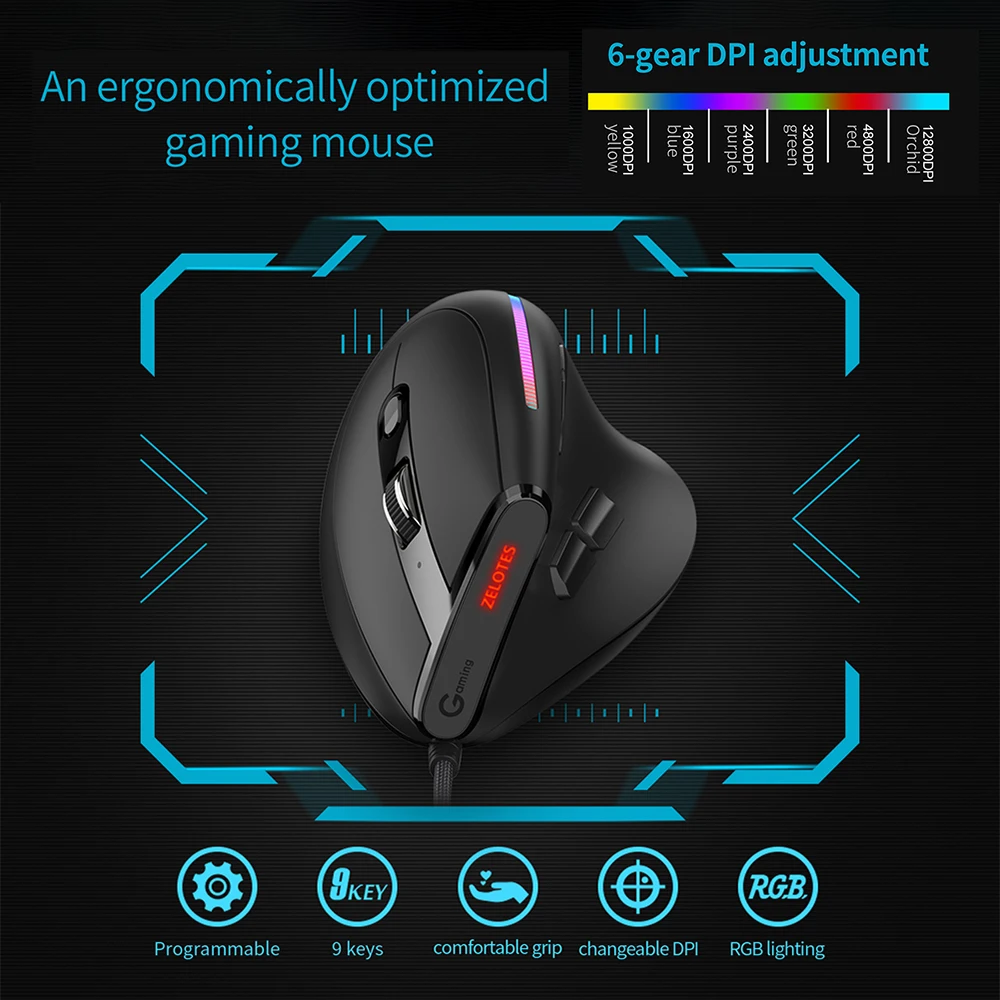 

ZELOTES T-50 USB проводная вертикальная оптическая мышь 9 кнопок RGB эргономичная игровая оптическая мышь 12800 точек на дюйм регулируемая для ПК компьютера