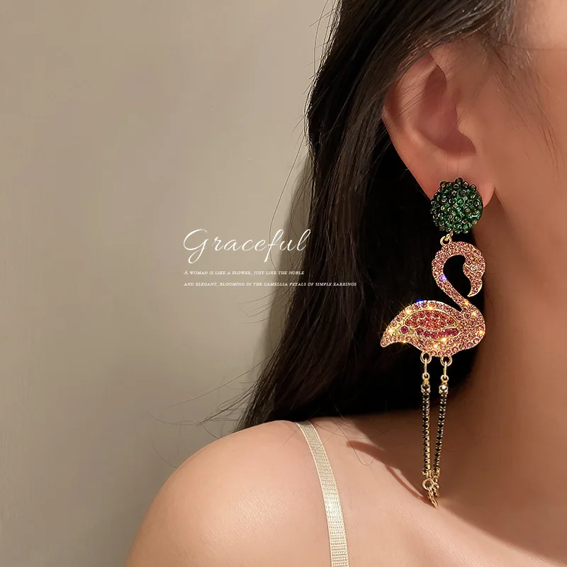 Creative Pink Crystal Swan Earrings Wedding Jewelry Ear Clips Lady Zircon Swan Eardrop Phoenix-shaped Pink Tassel Ear Rings Gift