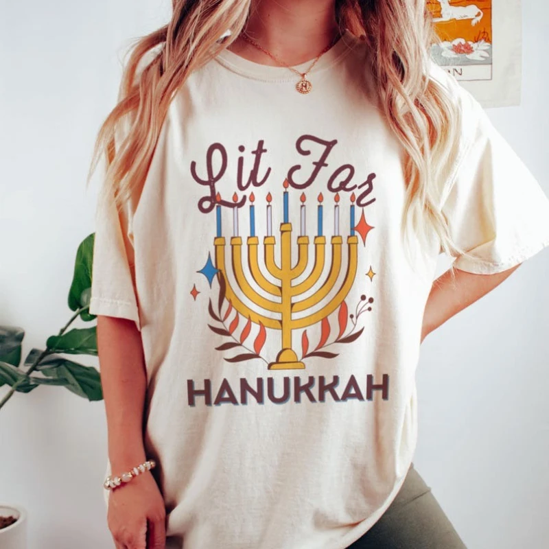 Lit for Hanukkah Shirt Happy Jewish Funny Gifts Menorah Festival of Lights Pattern Casual Shirt Short Unisex Adult Cotton Shirts